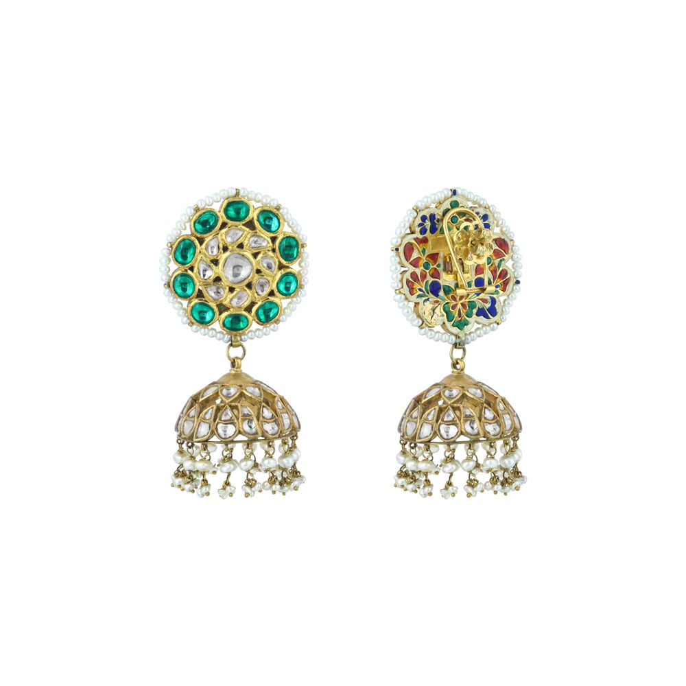 Polki Jhumka Earrings with Green stone and Pearl Borders